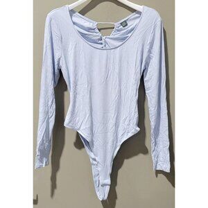 Wild Fable Women's Light Blue Rib Textured Open Back LS Thong Style Bodysuit